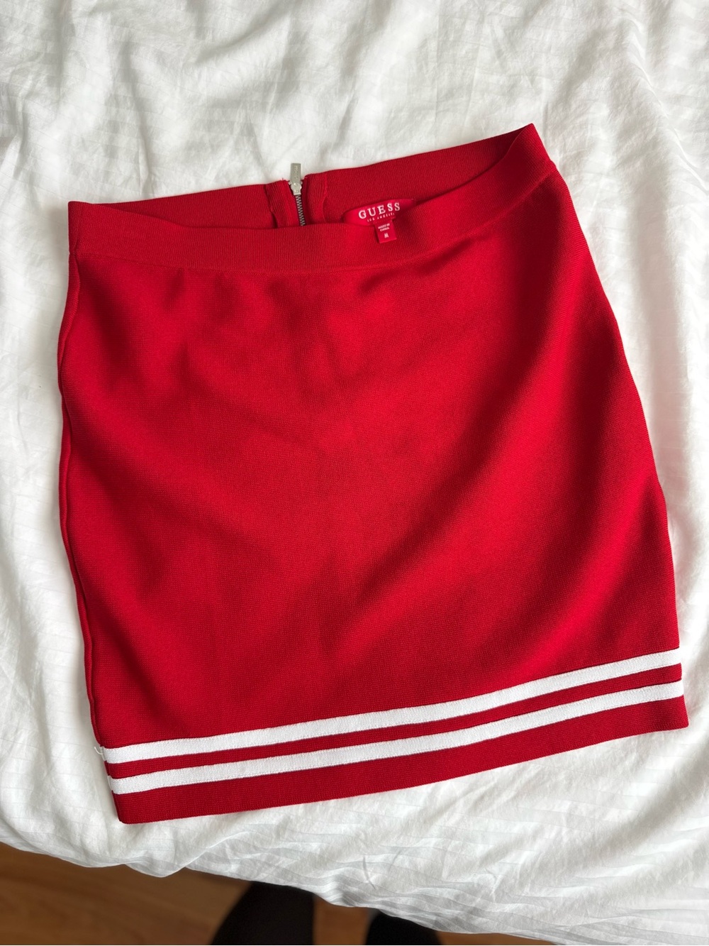 Guess Red Knit Mini Skirt with White Stripes — Size M (New Without Tags)